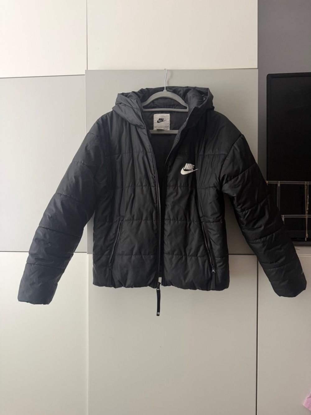 Nike Black Hooded Quilted Puffer Jacket with White Swoosh